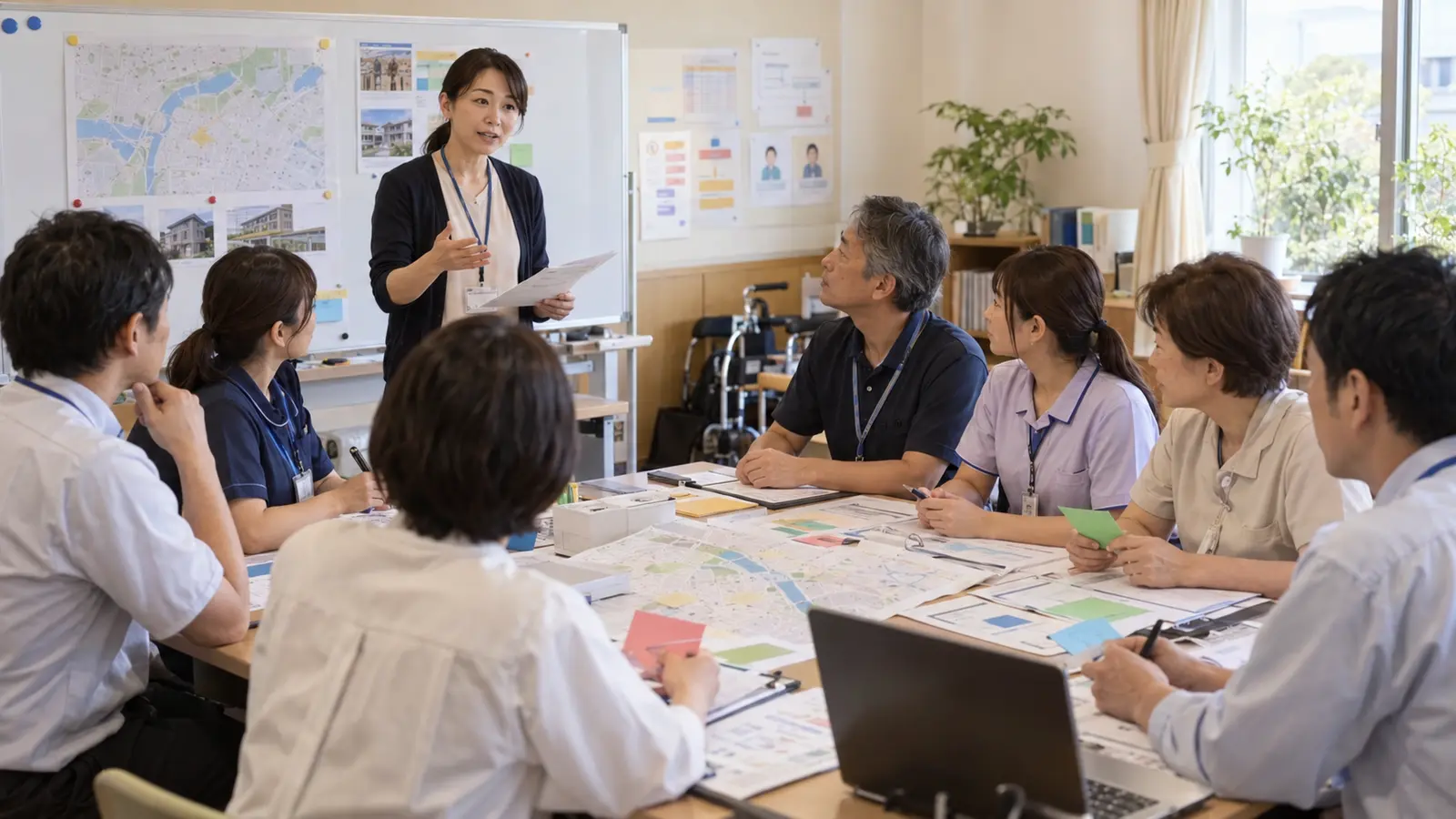 介護事業所の管理者と職員が資料を用いて災害時の対応を検討するシナリオ訓練のイメージ