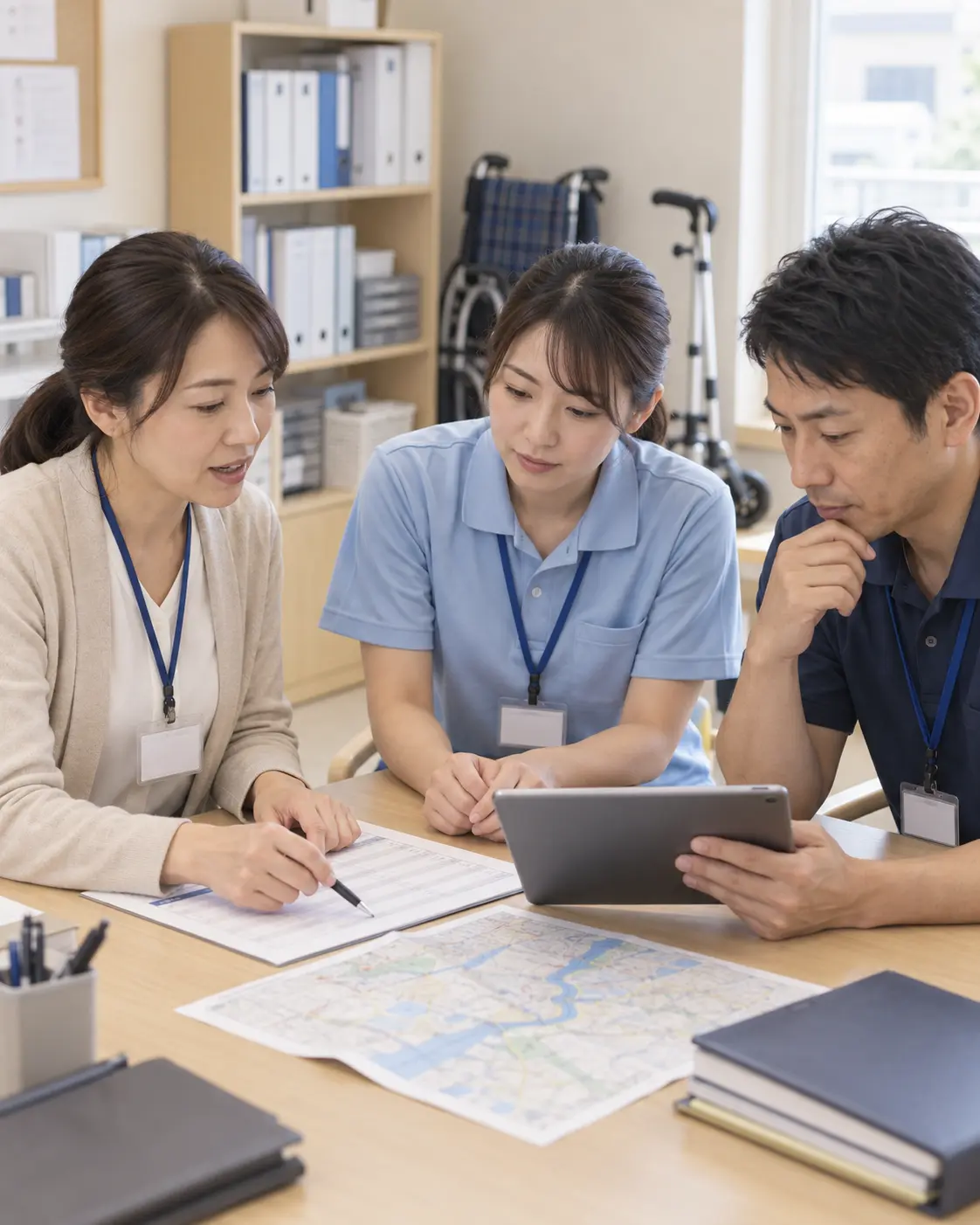 介護事業所で災害対応について話し合う介護職員のイメージ