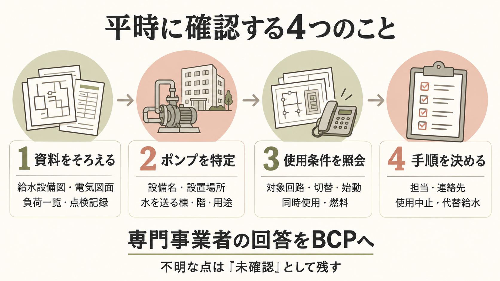 平時に資料をそろえ、ポンプを特定し、使用条件を照会して手順を決める4つの確認事項