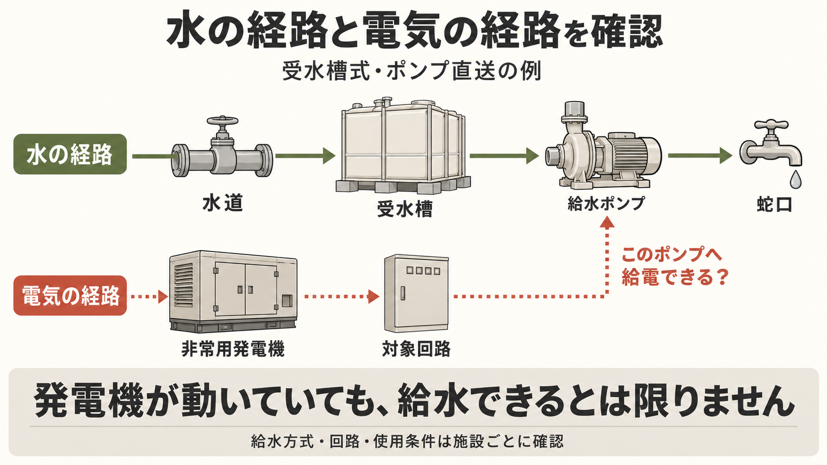 水道・受水槽・給水ポンプから蛇口への水の経路と、非常用発電機からポンプへの電源経路