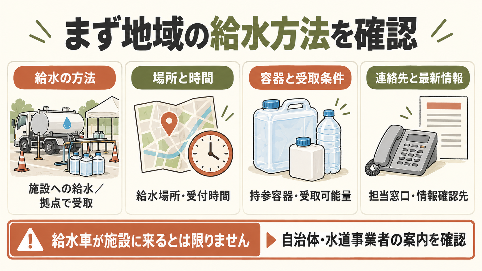 地域の応急給水について、給水方法、場所と時間、容器と受取条件、連絡先と最新情報を確認する。給水車が施設に来るとは限らない。