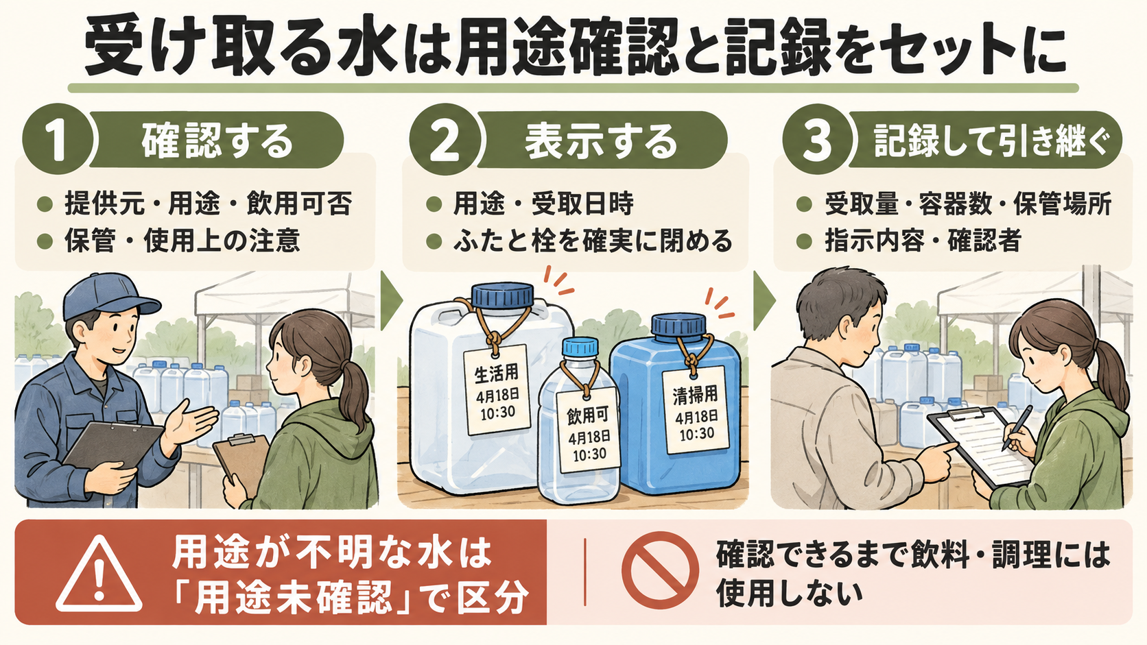 受け取る水は提供元・用途・飲用可否と保管・使用上の注意を確認し、容器に用途と受取日時を表示して記録を引き継ぐ。用途不明の水は用途未確認として区分し、確認できるまで飲料・調理に使用しない。