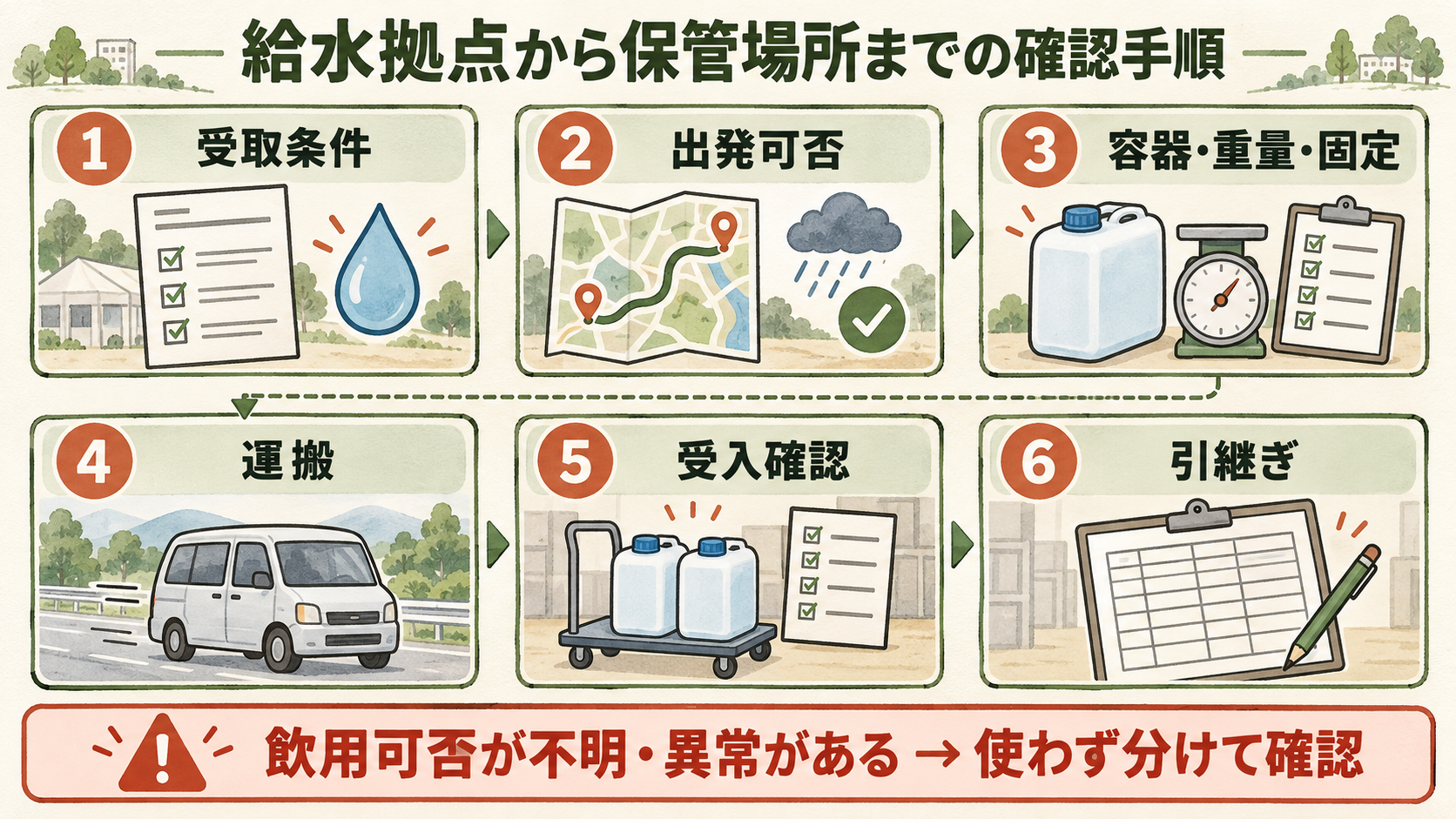 給水拠点から保管場所までの確認手順。受取条件、出発可否、容器・重量・固定、運搬、受入確認、引継ぎの順に確認し、飲用可否が不明な水や異常がある水は使わず分けて確認する。
