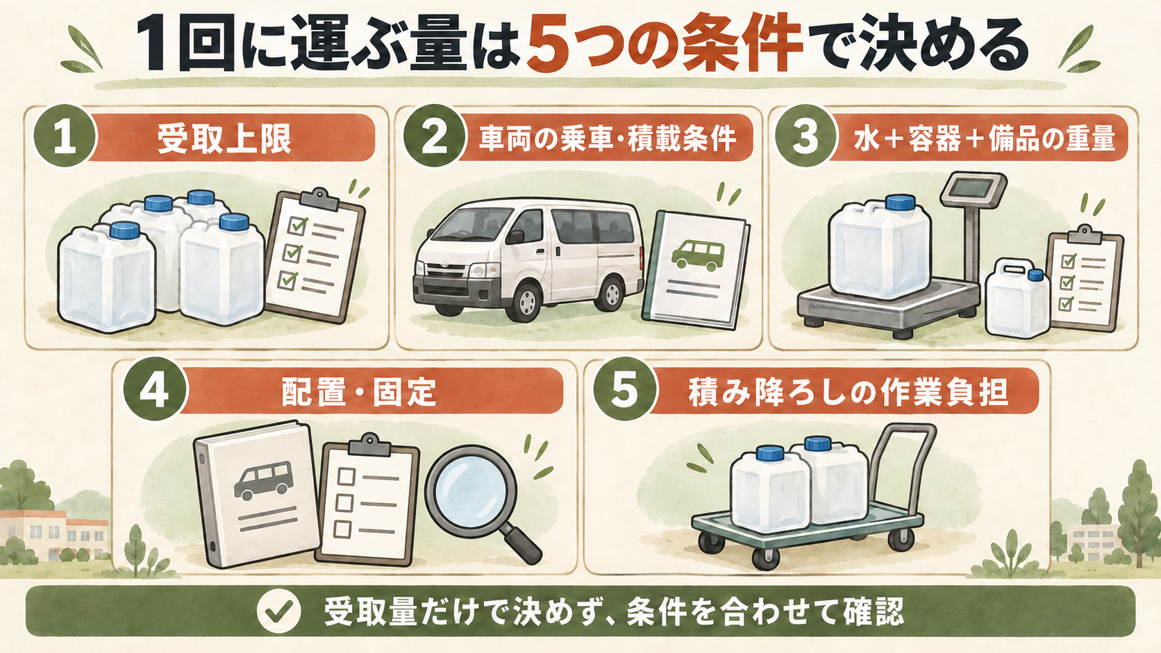 1回に運ぶ量を決める5条件。受取上限、車両の乗車・積載条件、水・容器・備品の重量、配置・固定、積み降ろしの作業負担を合わせて確認する。