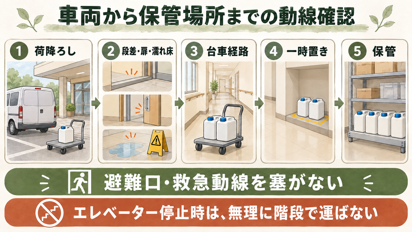 車両から保管場所までの動線確認。荷降ろし、段差・扉・濡れ床、台車経路、一時置き、保管を確認し、避難口と救急動線を塞がず、エレベーター停止時に無理に階段で運ばない。
